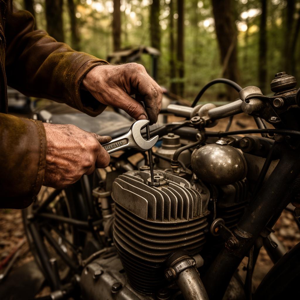 Hands working on a motorbike engine in a woodland workshop